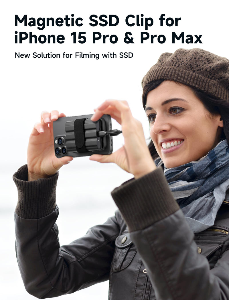 JSAUX Magnetic SSD Clip Designed for iPhone 15 Pro & Pro Max, Filming Accessories for Recording ProRes to SSD & M.2, with Adjustable Velcro Strap and Powerful Magnet to Hold External Storage-Basic Black-Basic