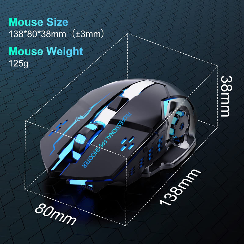 QELIROKY QV13 New 2.4G Wireless Rechargeable Gaming Mouse Silent Click with 6 Buttons, 3 Adjustable Levels DPI , Colorful LED Lights for Laptop, iPad, MacOS, PC, Windows, Android (Black)