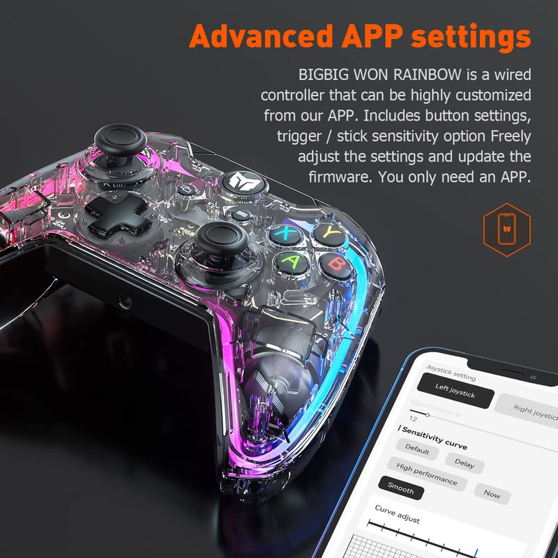 PC Controller, BIGBIG WON Rainbow Wired Game Controller RGB Light, Custom Back Button, Motion Aim, Dual Motor, Linear Trigger, 3.5mm Audio PC Gaming Controller for Win11&10 Controller for Switch - 1pc