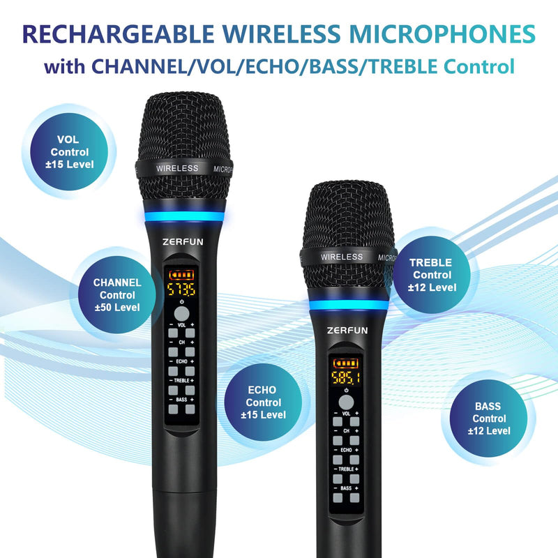 Dual Wireless Microphones Rechargeable, UHF Metal Wireless Mic System Cordless Microphone Professional with Echo Treble BASS VOL Channel Control for Karaoke Singing Church Events WM-2 A