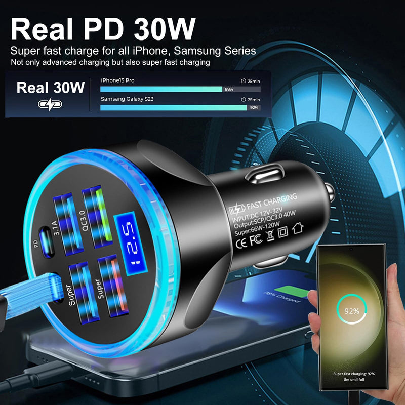 Full PD 30W Multi Port USB C Car Charger Adapter 6 in 1 with Voltage Display, PD4.0/QC4.0/PPS/AFC Super Fast Charging Cigarette Lighter Adapter with Volt Meter for MacBook iPhone Galaxy Android Phones Black