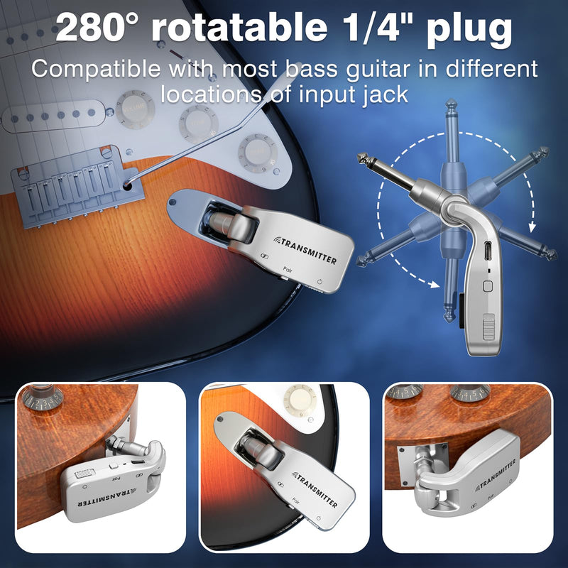 Wireless Guitar System 2.4 GHz with 6 Channels Rechargeable Lithium Battery Transmitter Receiver for Electric Guitar Bass Keyboard Piano