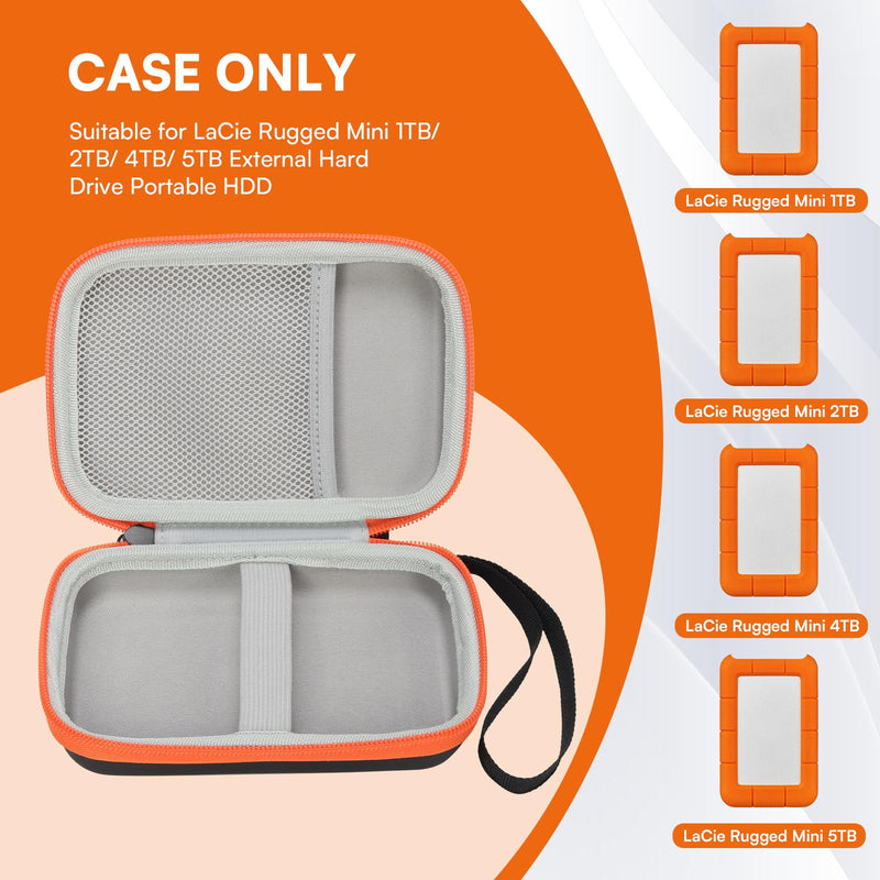 Case Compatible with LaCie Rugged Mini 1TB/ 2TB/ 4TB/ 5TB External Hard Drive Portable HDD, Carring Case Storage Holder for Hard Drives for Mac and PC Computer, Orange (Case Only)