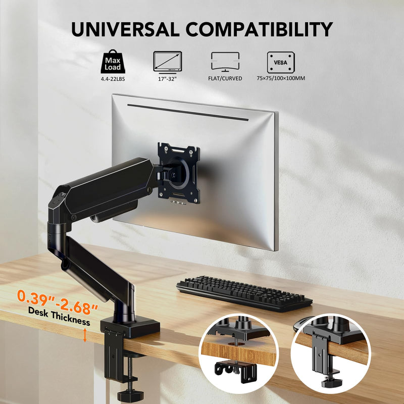 Single Monitor Mount, Gas Spring Arm for 17-32 inch Screens Adjustable Monitor Stand, Vesa Mount Stand with Clamp and Grommet Aluminum Base - Fits 4.4 to 22lbs LCD Computer Monitors HD09B-001 Single monitor arm