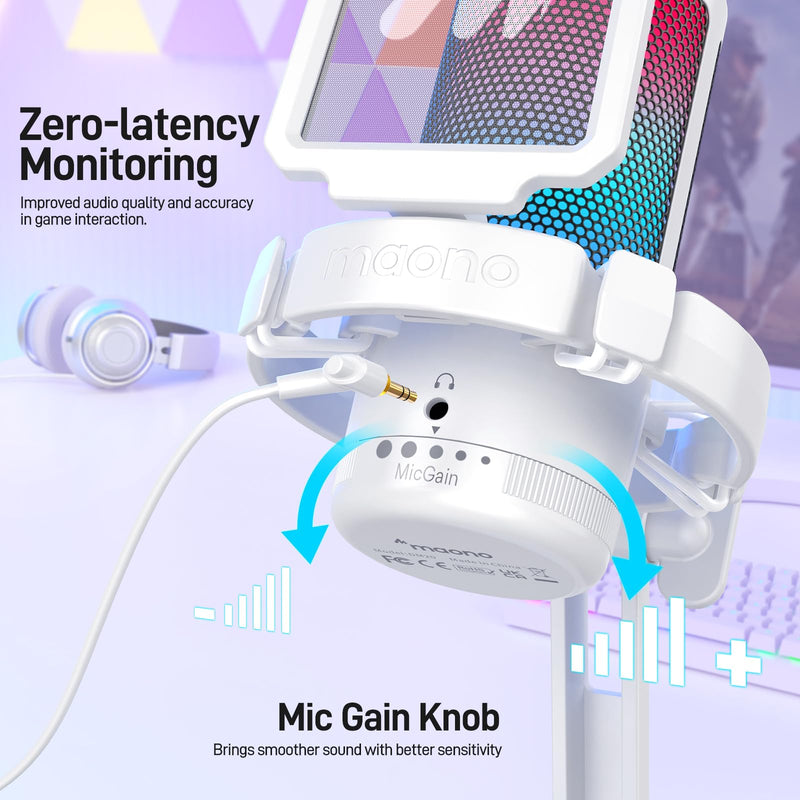MAONO Gaming Microphone for PC with Noise Cancellation, USB Condenser Mic for Computer, Mac, Laptop, PS5, Streaming, Podcast, Twitch, YouTube, Discord, GamerWave DGM20 White