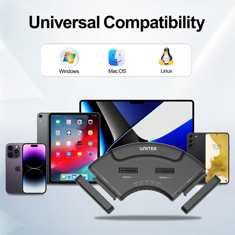 Unitek 4-Bay USB-C Adapter, 2X M.2 + 2X SATA, 10Gbps, Tool-Free | Simultaneous 4-Drive Access; 2 M.2 (NVMe/SATA) + 2 SATA (2.5/3.5"); Hot-Swap; UASP/TRIM; USB-C Cable & 12V Adapter Included Black USB-C M.2 & 2.5/3.5"
