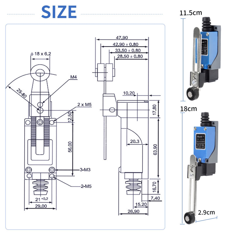 EXLECO 4 x Lever Limit Switch Adjustable Limit Switch with 5 cm Adjustable Roller Lever NO NC ME-8108 Limit Switch Self-Resetting Toggle Switch for CNC Router Plasma Electric Control Switch Pack of 4