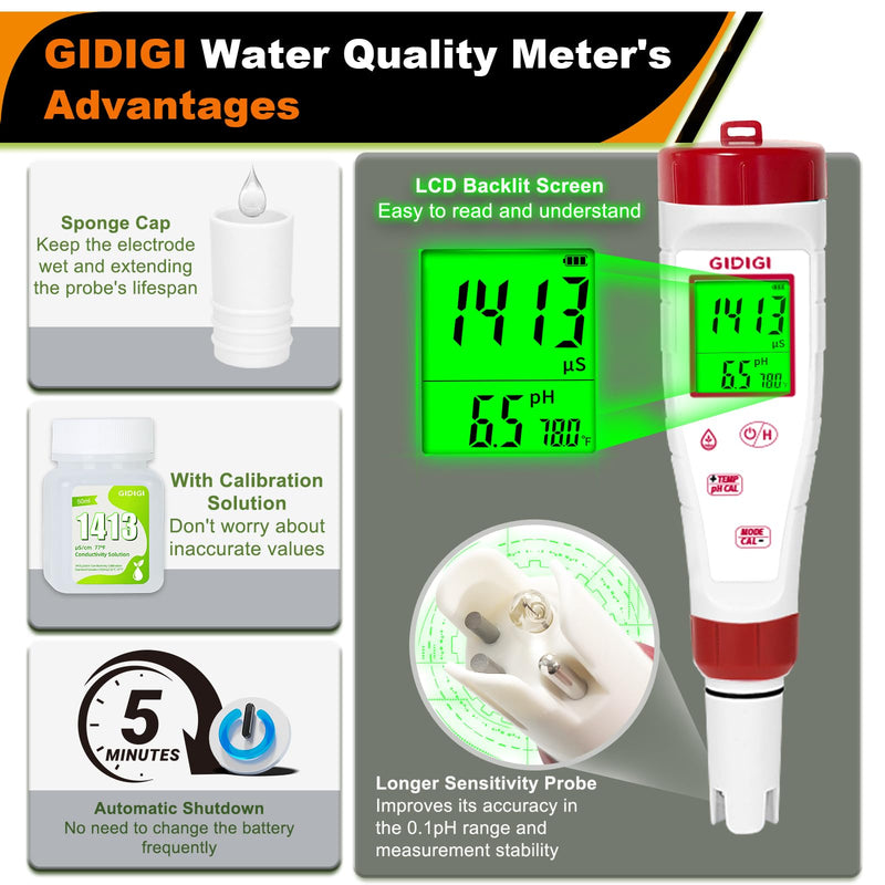 [AUSTRALIA] - pH Meter for Hydroponic Water,Digital EC ppm Tester for Nutrients,pH TDS Reader 4 in 1 with 1413 μs/cm Calibration Solution,High-Sensitivity Backlit Display for Drinking Water,DWC,Indoor Plants 4 in 1 pH Meter with Calibration Solution 