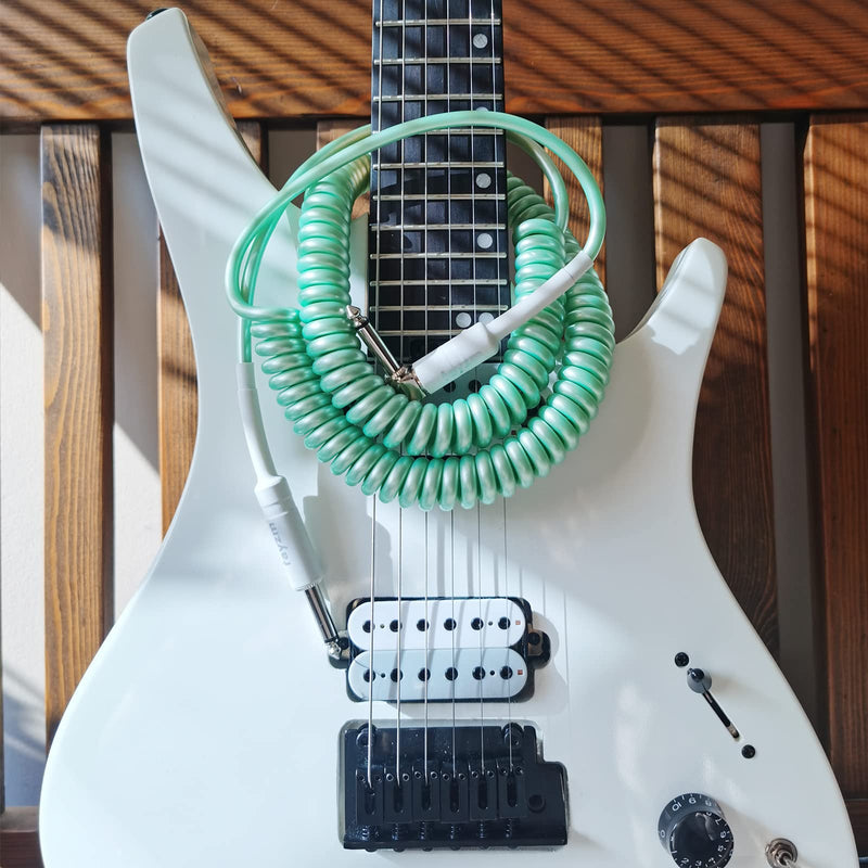 Rayzm Curly Instrument Cable, 2 Meters Coiled Chord, Right Angle to Straight Spiral Lead for Guitar/Bass green