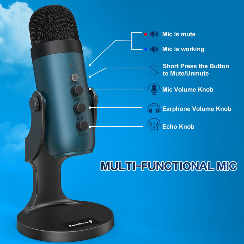 ZealSound USB Condenser Microphone,Computer PC Gaming Mic,Plug&Play Microphones for PS 4&5.Monitor Adjust&Volume Control,Mic Gain Control,Mute Button for TikTok,YouTube Podcast on Mac&Windows(Teal) Teal