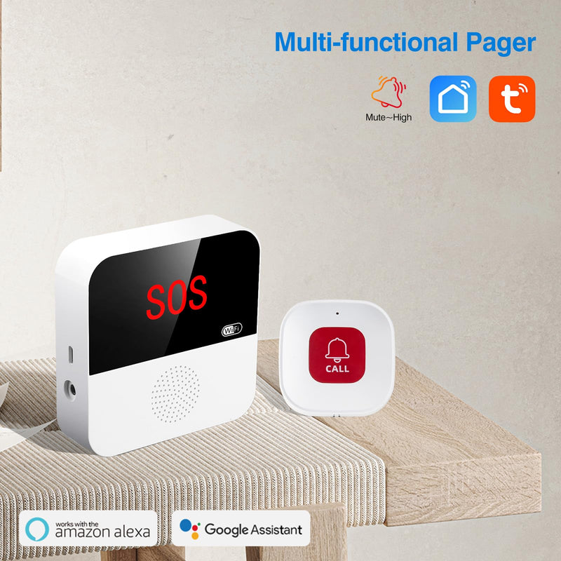 WiFi Elderly Monitoring, Caregiver Pagers Life Alert Systems for Seniors no Monthly Fee, 1 Receiver & 2 Panic Button, Compatible with Tuya Smart/Smart Life APP (Only Supports Wi-Fi 2.4GHz ) 1 Receiver+2 Button