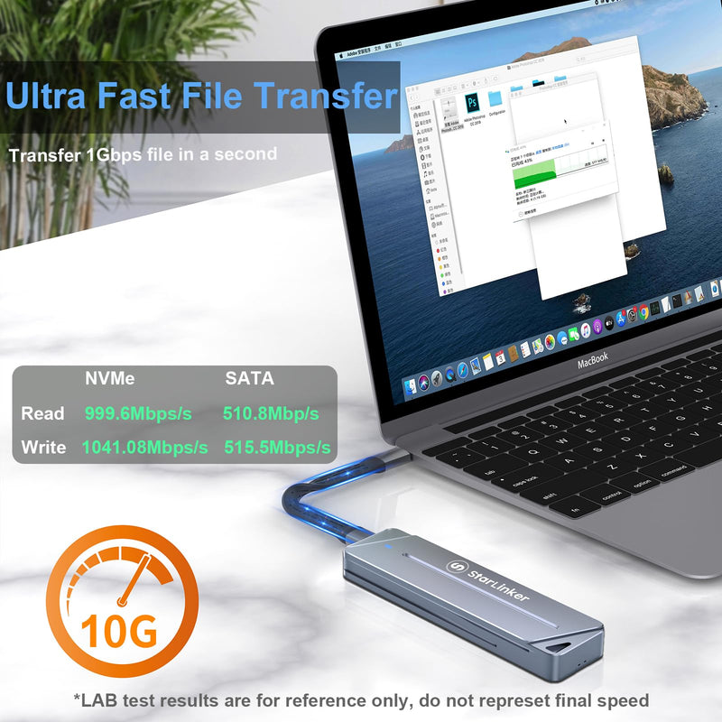 M.2 NVME & SATA SSD Enclosure, Suppprts 10Gbps USB 3.2 Gen2 USB-C Fast Data Transfer, External M Key and B+M Key SSDs 2280/ 2230/ 2242/ 2260 SSD