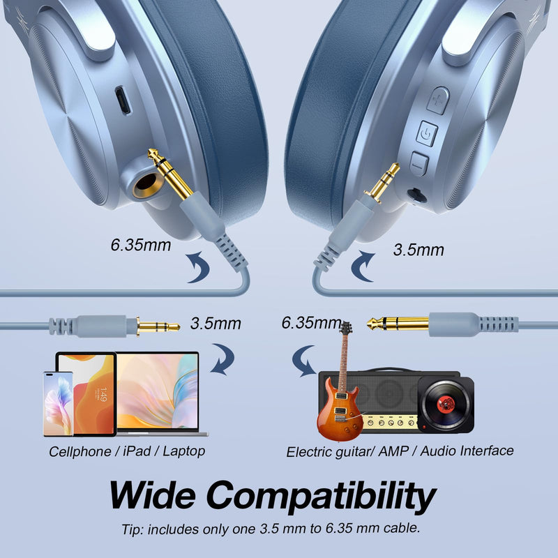 OneOdio A70 Bluetooth Over-Ear Headphones, Hi-Res Wired DJ Studio - SB | Wireless over-ear headphones with 72H playtime, 3.5mm/6.35mm wired jacks for studio monitoring, mixing, guitar, amp and PC Sky Blue