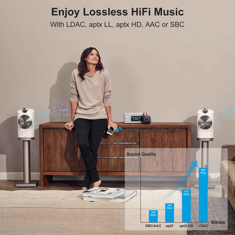 1Mii B06S+ Bluetooth 5.2 Receiver, HiFi Bluetooth Audio Adapter w/LDAC, aptx HD & aptx Low Latency, Long Range Hi-Res Audio with Volume Control, 3.5mm & RCA outputs, Easy Setup for Home Stereo System B06S+