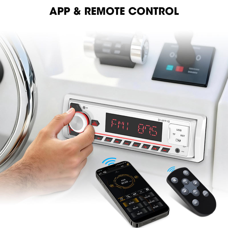 Single Din Bluetooth Marine Radio: Indash Car Stereo Receiver for Boat | Digital LCD Display AM FM AUX SD USB Fast Charging 2 Subwoofer Outputs White