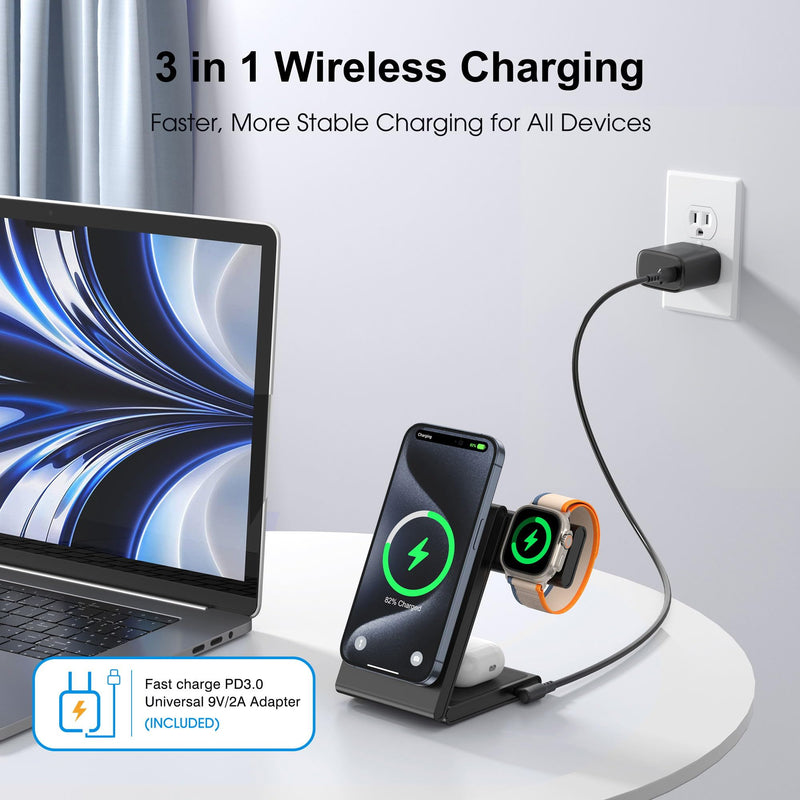 3 in 1 Wireless Charging Station for Multiple Devices, Fast Foldable Travel Mag-Safe Stand for iPhone 15 14 13 12 Pro Max/Plus/Pro/Mini, Magnetic Charger for Apple Watch/AirPods Pro with 20W Adapter Upgraded Black