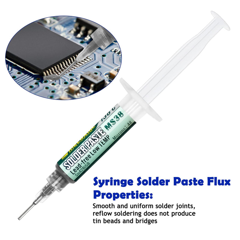 Syringe Soldering Paste, Sn42 Bi58 Soldering Paste SMD, Lead-Free Soldering Paste with 2 Dosing Tools and Push Rods, No Cleaning Required, Low Temperature 138°C, for BGA SMT Solder (20g)
