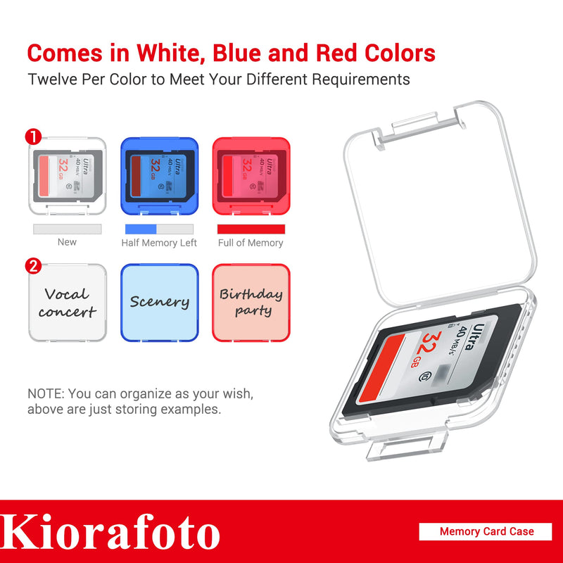 Kiorafoto SD Card Case with 36 Pack Individual Clear Plastic Memory Card Holders for 36 SD SDXC SDHC Cards,Water-Resistant Anti-Shock Anti-Dust SD Card Carrying Organizer Storage Protector with Labels for 36 SD Cards（With Box）