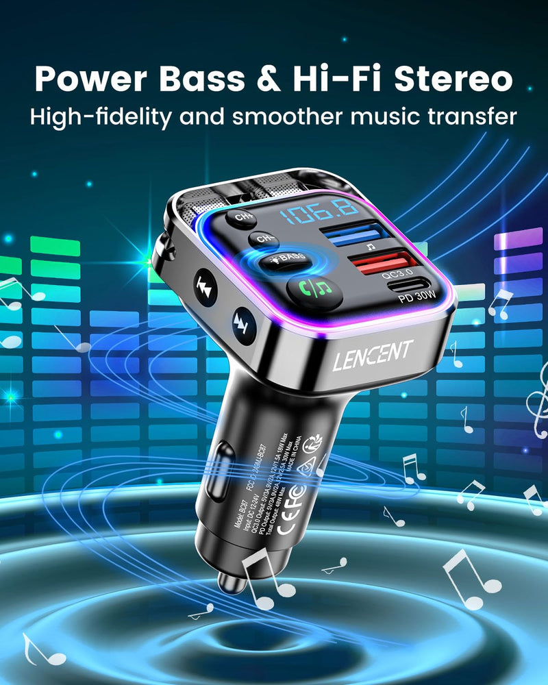 [AUSTRALIA] - LENCENT Bluetooth 5.3 FM Transmitter Car Adapter 48W (PD30W & QC18W) Fast Charger, Light Switch, HiFi Bass Sound Audio Receiver Wireless Radio MP3 Music Player, Hands-Free Calling, Support USB Drive 