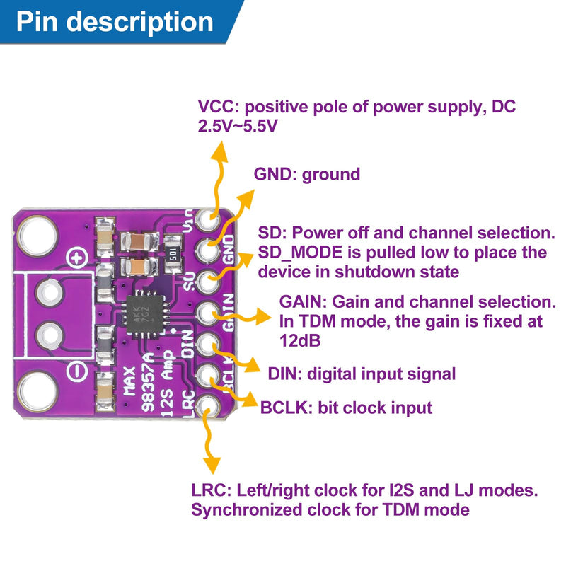 5Pcs MAX98357 Audio Power Amplifier Module I2S DAC Class D Audio Board with Du Pont Wire for Raspberry Pi Arduino ESP32 5