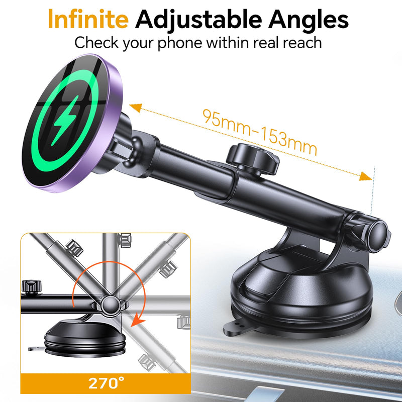 Coolpow for MagSafe Car Mount Charger【Ultra Magnet】 Magnetic Phone Holders for Your Car Charger【Windshield+Vent+Dash】 Magnetic Wireless Car Phone Holder Charger Car Mount for iPhone 17 (Purple) Purple