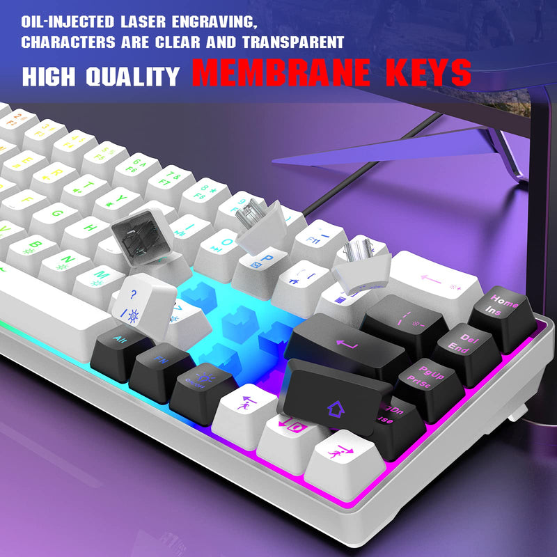 Snpurdiri 60% Gaming Keyboard, RGB Backlit Mini Keyboard,Built-in Steel Plate, Membrane Keyboard but Super Mechanical Feel for Windows PC Gamers(68 Keys,White-Black) White Black