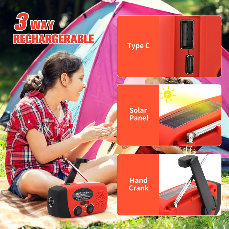 18500mWh/5000mAh Emergency Crank Weather Radio, iRonsnow NOAA/FM/AM Solar Radios, Portable Survival Radio with SOS, Earphone Jack, 1W 4 Modes LED Flashlight, Cell Phone Charger for Camping Hiking 5000mAh Red