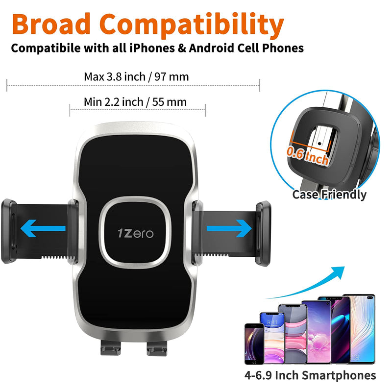 1Zero Solid Car Truck Phone Mount Holder with 14-Inch Gooseneck Long Arm, Windshield Window Mobile Holders w/Industrial-Strength Suction Cup, Anti-Shake Stabilizer Compatible All Cell Phones iPhone Black Mirror Surface with Silver Ring