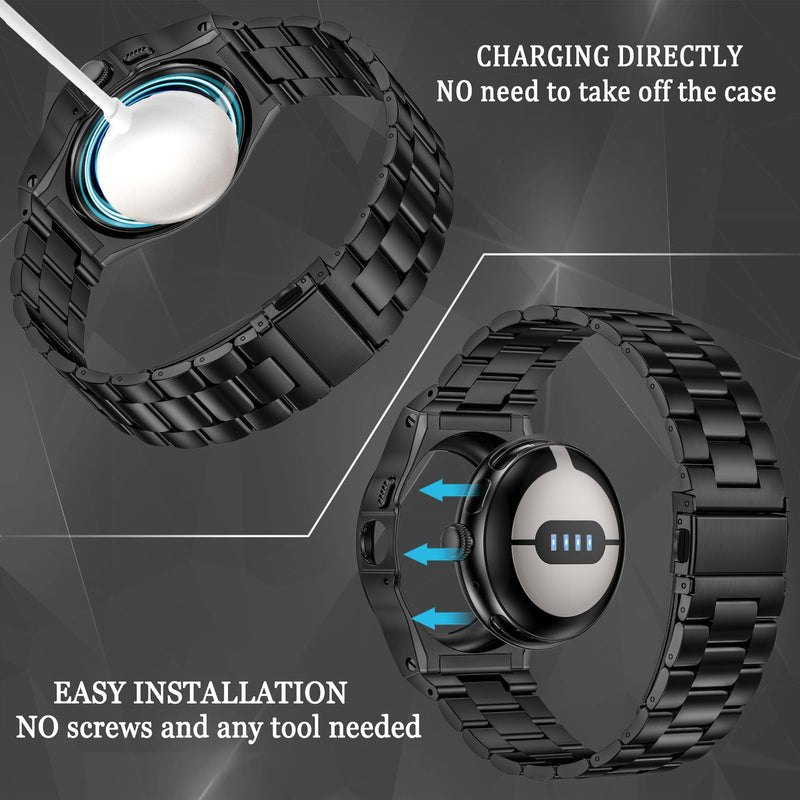 MioHHR Compatible with Google Pixel Watch 1 2 3(41mm) Bands with Case Men | Rugged Stainless Steel Protective Bumper Cover with Bands for Google Pixel 2/1, Pixel 3 41mm, Black (NOT Fits Pixel 4) 41mm Google Pixel Watch 1/2/3