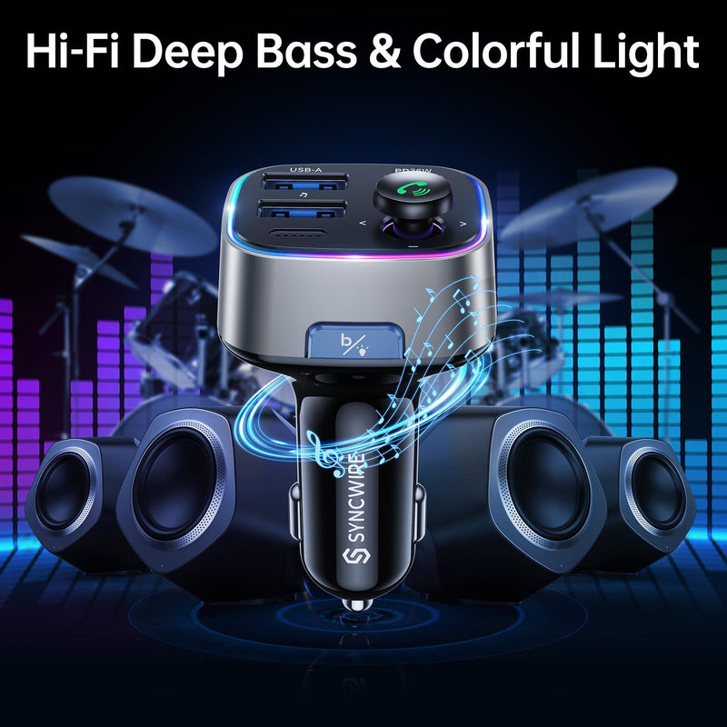 Syncwire Bluetooth 5.3 FM Transmitter Car Adapter 48W (PD 36W & 12W) [Light Switch] [Hi-Fi Deep Bass] [Fast Charge] Wireless Radio Music Adapter LED Display Hands-Free Calling Support USB Drive Silver