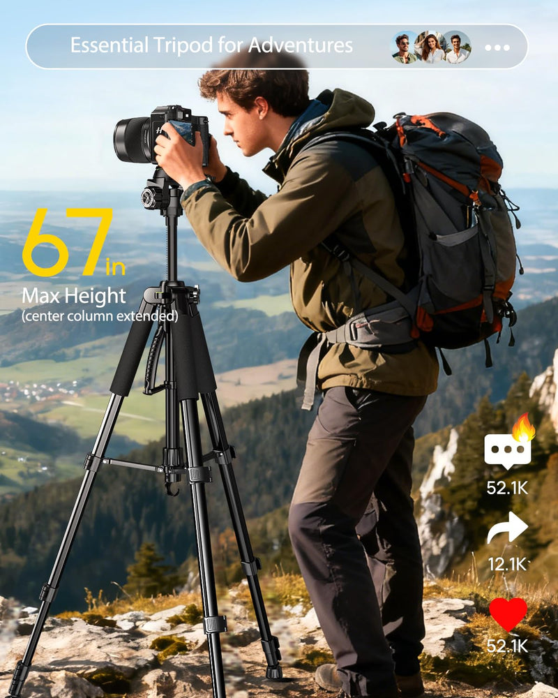 UBeesize 67” Camera Tripod with Travel Bag, Cell Phone Tripod with Bluetooth Remote and Phone Holder, Compatible with All Cameras, Cell Phones, Projector, Webcam, Spotting Scopes 67Inches