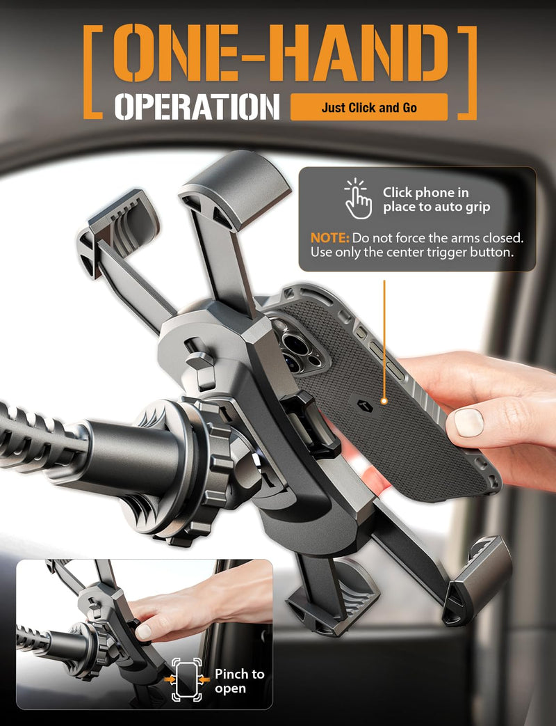 ToughTested Mammoth Truck Car Phone Holder Mount Vibration Absorbing Holder | 360° rotating phone holder for car with extra-large suction cup, expandable claw grip, and one-hand quick release Mobile Mount