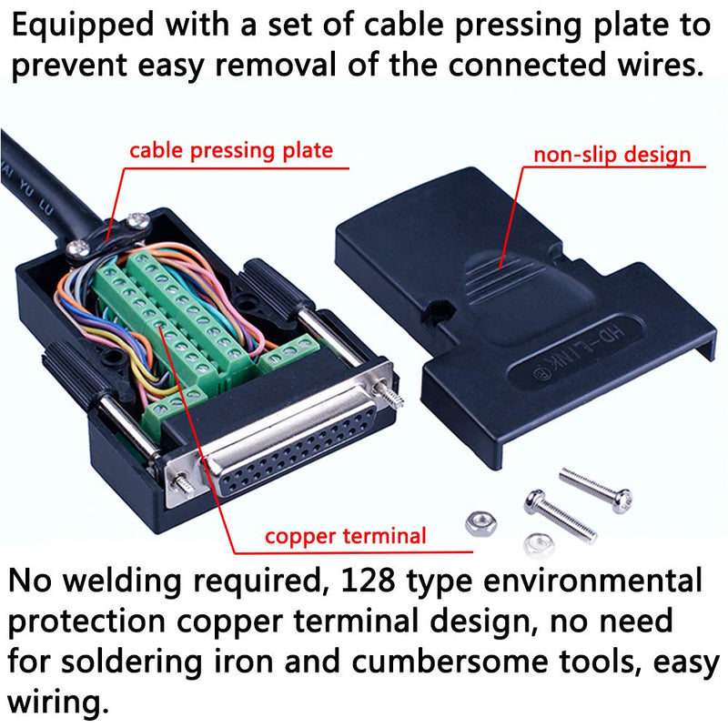 ANMBEST 2PCS DB25 Solderless Connector, RS232 D-SUB Serial to 25-pin Port Terminal Female Adapter Breakout Board with Case Long Bolts Nuts 2PCS Female
