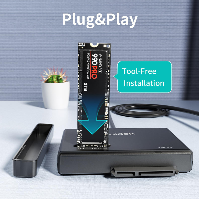 SUIDEK M.2 NVMe & SATA to USB C Adapter, 10Gbps External SSD Enclosure | Tool-Free Hard Drive Reader Compatible with M.2 (M Key & M+B Key) Any Sizes & 2.5/3.5" SATA SSD, Include 12V/2A Power Adapter Black