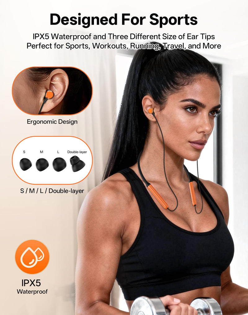 Neckband Bluetooth Headphones, Wireless Bluetooth 6.0 Earbuds with Microphone, Comfortably Light, Deep Bass Earphones 35H Playtime, IPX5 Waterproof, Magnetic Headset for Workout (Deep Orange) Deep Orange