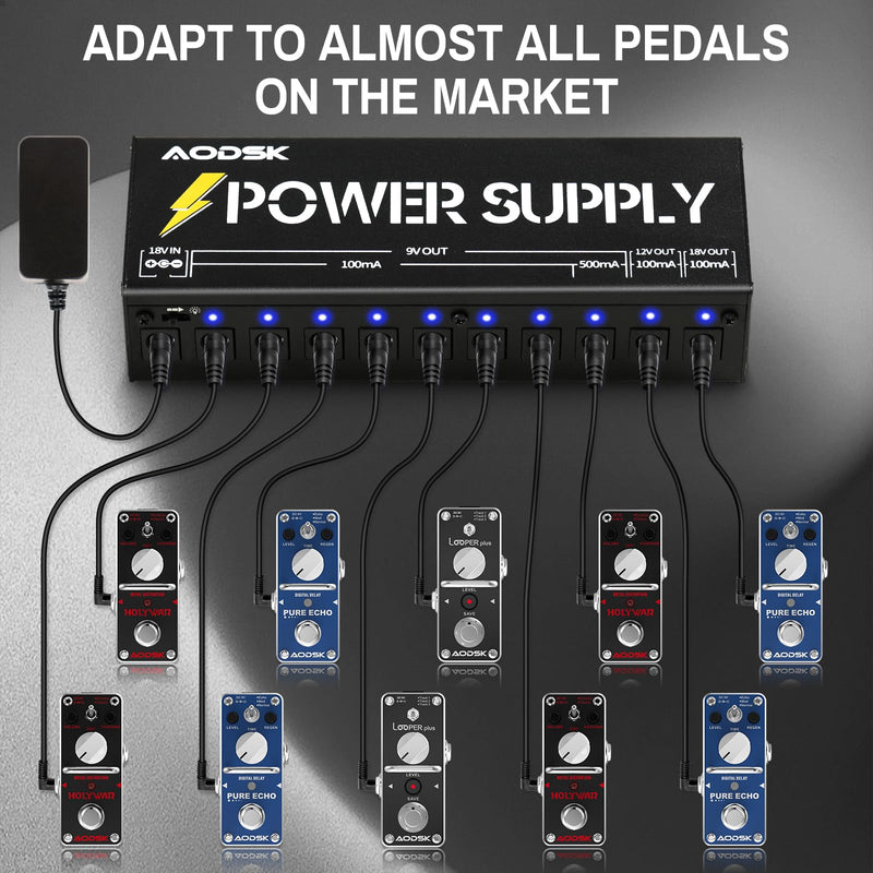 AODSK Guitar Effect Pedal Power Supply,9V/12V/18V DC Output,10 Isolated DC Output（AH-05）