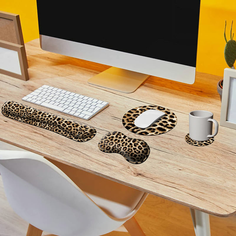 Keyboard Wrist Rest Pad + Mouse Wrist Rest + Gaming Mouse Pad + Coasters Ergonomic Memory Foam Wrist Pad Set with Easy Typing & Pain Relief for Computer, Laptop, Office & Home - Leopard Grain