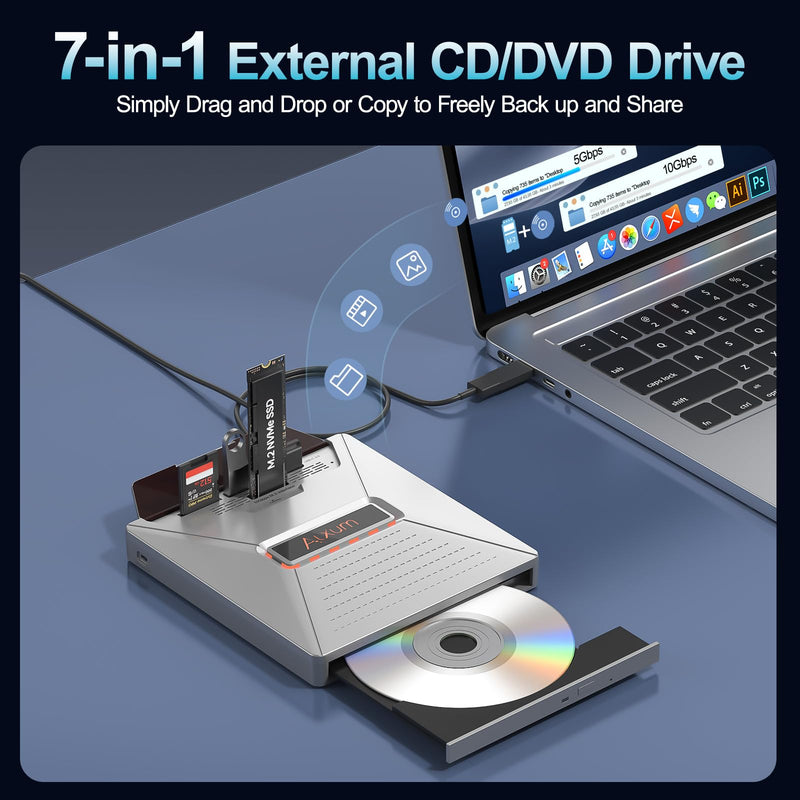 [AUSTRALIA] - Alxum External CD DVD Drive for Laptop, 7 in 1 Portable CD Player DVD Burner with M.2 NVMe/USB 2.0 Interface and SD/Micro SD Card Slot, Ultra-Slim Disk Drive Optical for Windows/Mac OS/Linux/Vista Gray 