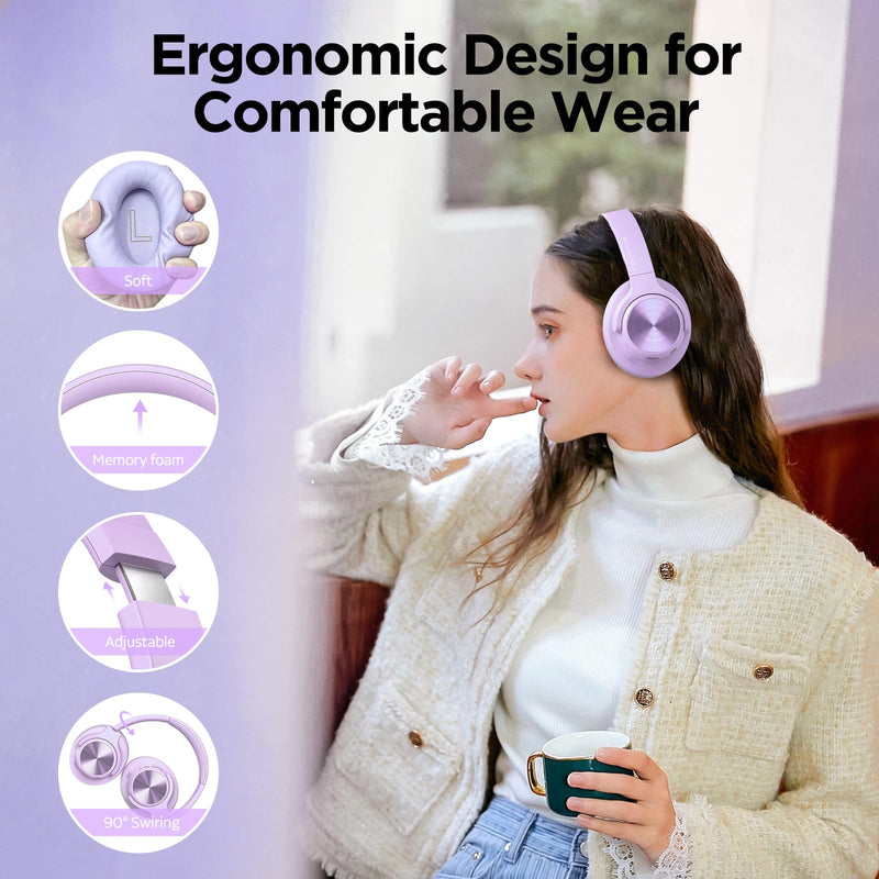 Hybrid Active Noise Cancelling Headphones 130H Wireless Over Ear Headphones | Bluetooth, Hi-Res Sound, Deep Bass, Spatial Audio, Dual Connection, Custom EQ via App, Comfortable Fit for Travel Home Office Purple