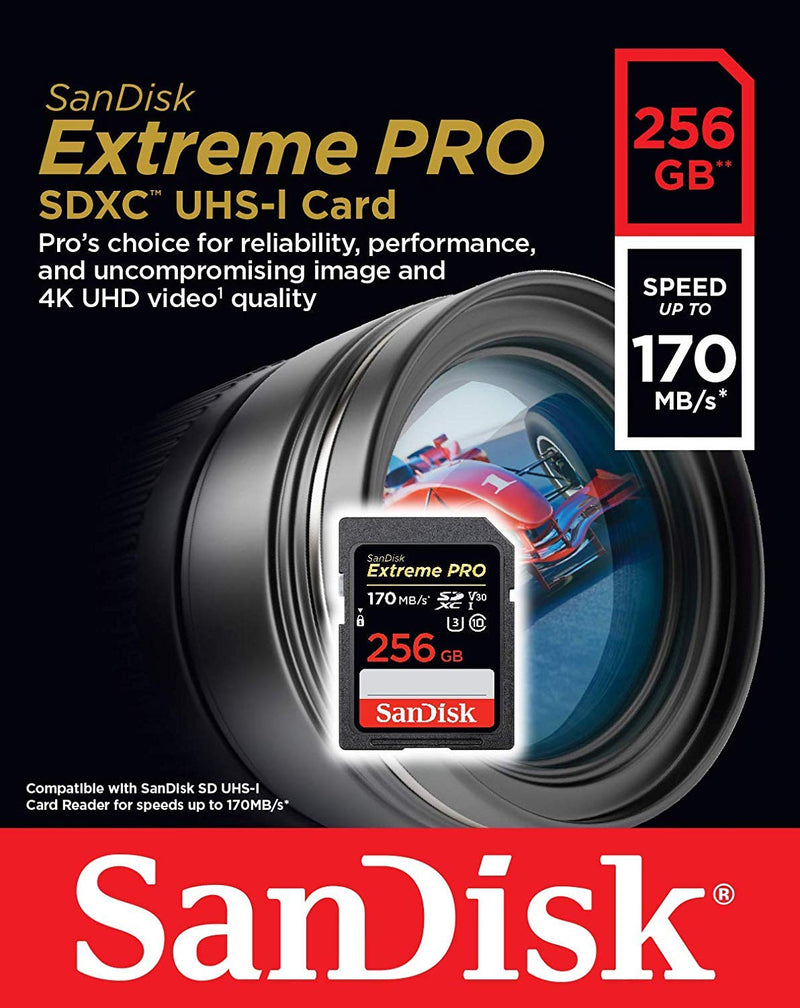 SanDisk Extreme Pro 256GB SD Card SDXC UHS-I for Cameras Works with Nikon D3500, D7500, D5600 (SDSDXXY-256G-GN4IN) 4K UHD Video Class 10 Bundle with (1) Everything But Stromboli 3.0 Memory Card Reader