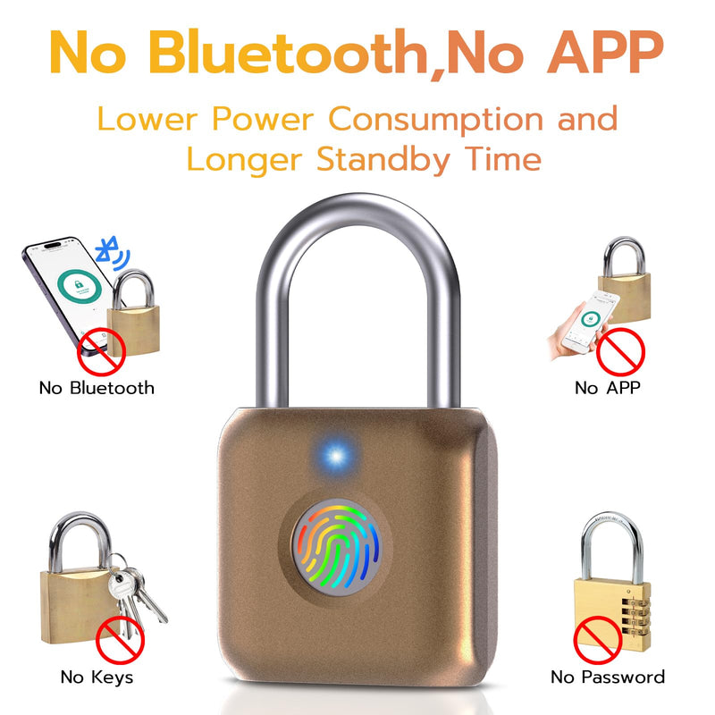 Pothunder Fingerprint Padlock, Smart Padlock, Locker Lock, Biometric Metal Keyless Fingerprint Lock, USB Rechargeable, for Gym Locker, Luggage, Backpack(Placer Gold) Placer Gold