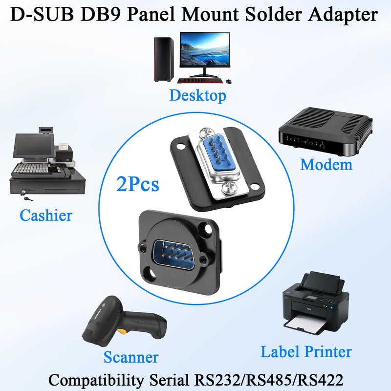 QIANRENON DB9 Panel Mount Solder Connector Serial Plug RS232 DB9 Male Bulkhead Mount Soldering Adapter D-SUB 9Pin Module Locking Screw Hole, for RS232/RS485/RS422 Serial Port COM, 2Pcs