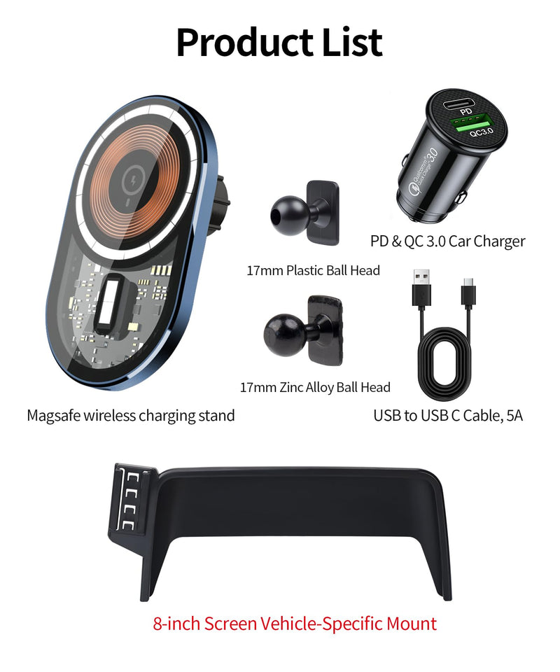15W Wireless Charger Car Phone Holder for Ford Escape/Hybrid 2020-2026 | 8" Screen Magsafe Accessories Fast Charging Magnetic Cell Phone Holder Clip Compatible with iPhone Android, 3D Fit Bracket