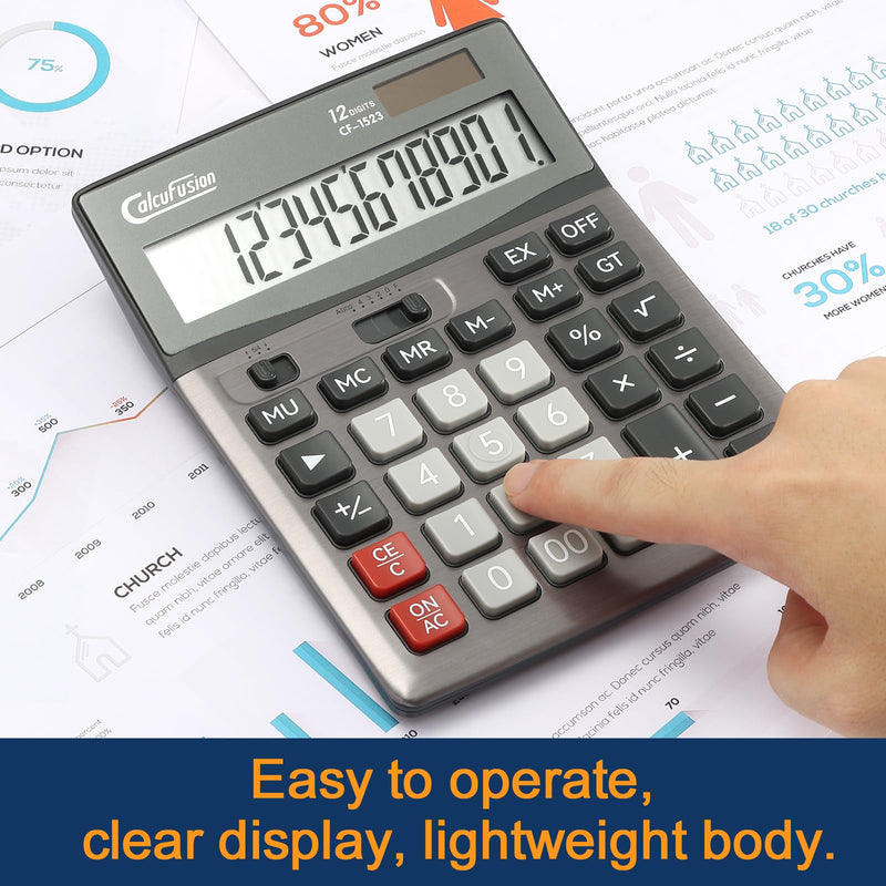 Desktop Calculator 12 Digit with Large LCD Display Big Buttons Basic Calculator Standard Function Solar Calculator with Battery Desk Calculators for Office School Home CF-1523