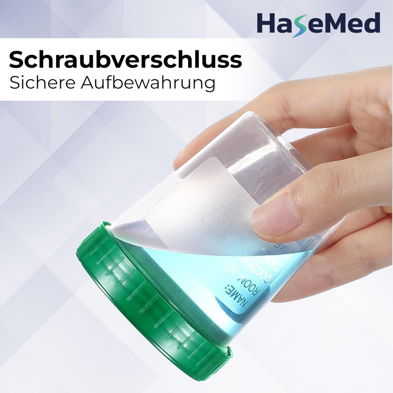 3 x HaseMed Premium Urine Cup Sample Cup | 125 ml, Screw Cap Lid, Green, Graduated up to 100 ml, Leak-Proof, Writeable, Freezable 3
