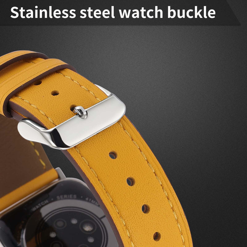 2 Pack Leather Bands(Yellow,Brown) Compatible with Apple Watch Band 38/40/41/42/44/45/46/49mm, Soft Leather Watch Replacement Band for Watch Series Ultra SE 10 9 8 7 6 5 4 3 2 1 for Women Men