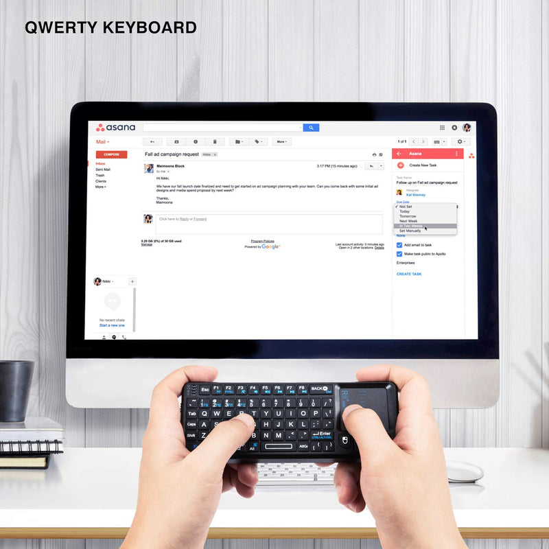 Rii Mini Wireless Keyboard with Touchpad＆QWERTY Keyboard,Support Bluetooth ＆2.4G Connection,Built-in Laser Pointer, Backlit Portable Keyboard Wireless with Remote Control, X1-BT Black.