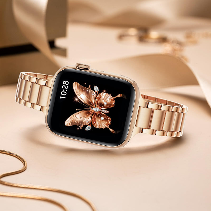 Slim Apple Watch Leather Band and Stainless Steel Metal Band for iWatch 38mm, 40mm, and 41mm，Black Rose Glod+Metal Rose Gold