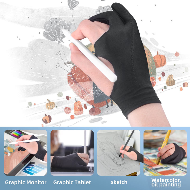 Artist Drawing Glove 3-Layer Palm Rejection [2 Pack Black] Right Left Hand Digital Art Graphic Tablet iPad Gloves Two Finger Smooth Elasticity Breathable for Stylus Pen Pencil Sketching Painting 2-Pack Black Gloves