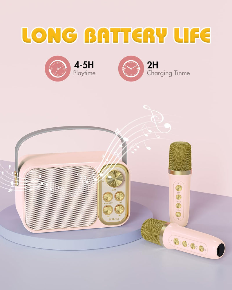Mini Karaoke Machine for Kids with 2 Wireless Microphone, Portable Bluetooth Speaker, Kids Karaoke Machine to Sing Anywhere, for Girls, Ideal for Party, Birthday, Family Meeting Pink